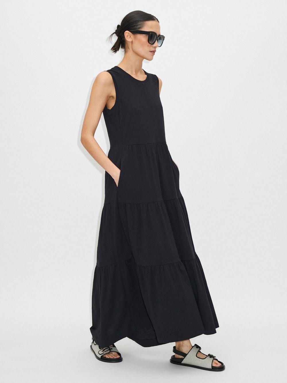 ME+EM Sleeveless Tiered Slub Maxi Dress in Black size 4
